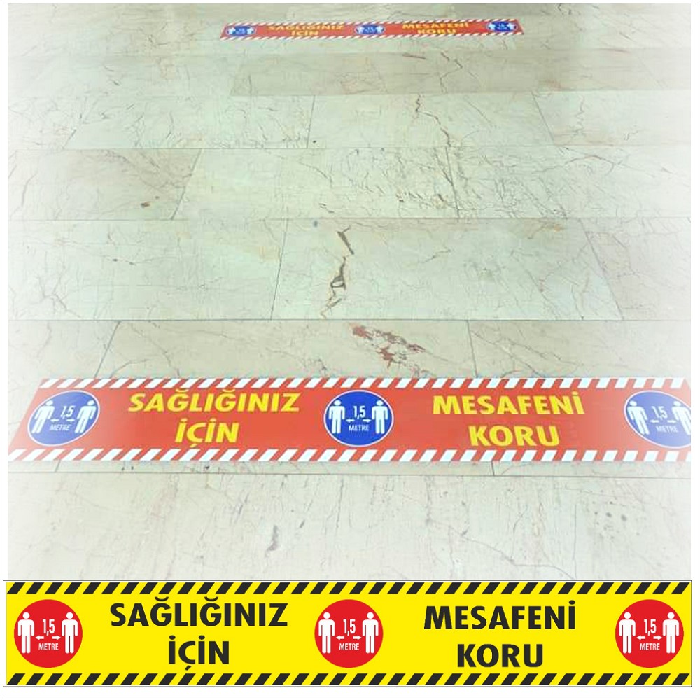 Laminasyonlu "şerit" mesafe ikaz folyosu  - PandemiLevhaları YER FOLYOLARI